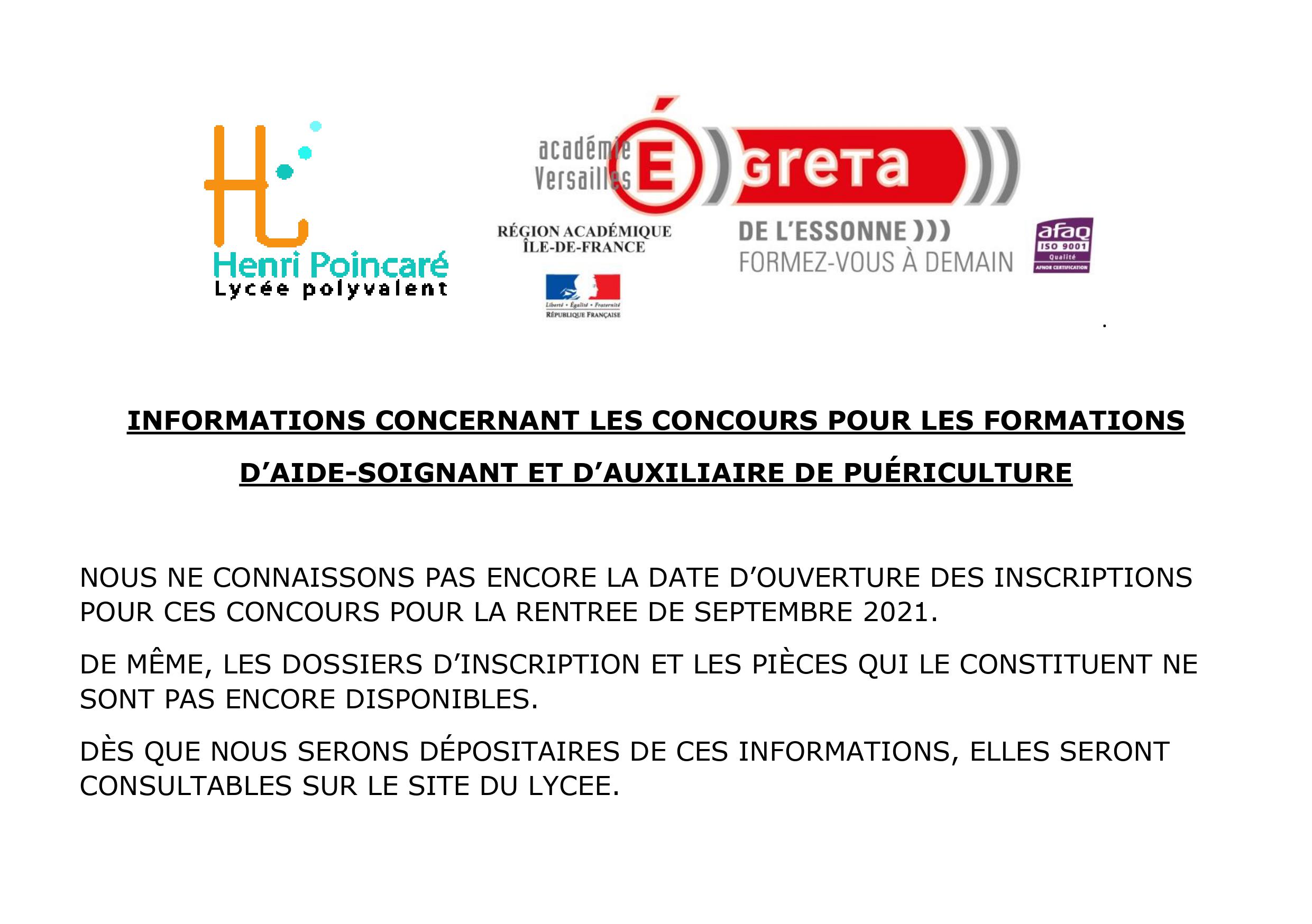 Greta Dossier D inscription Aide Soignante 2022 Ile De France Informations : concours pour les formations d'Aide-Soignant et d'Auxiliaire  de Puériculture – Lycée Polyvalent Henri Poincaré
