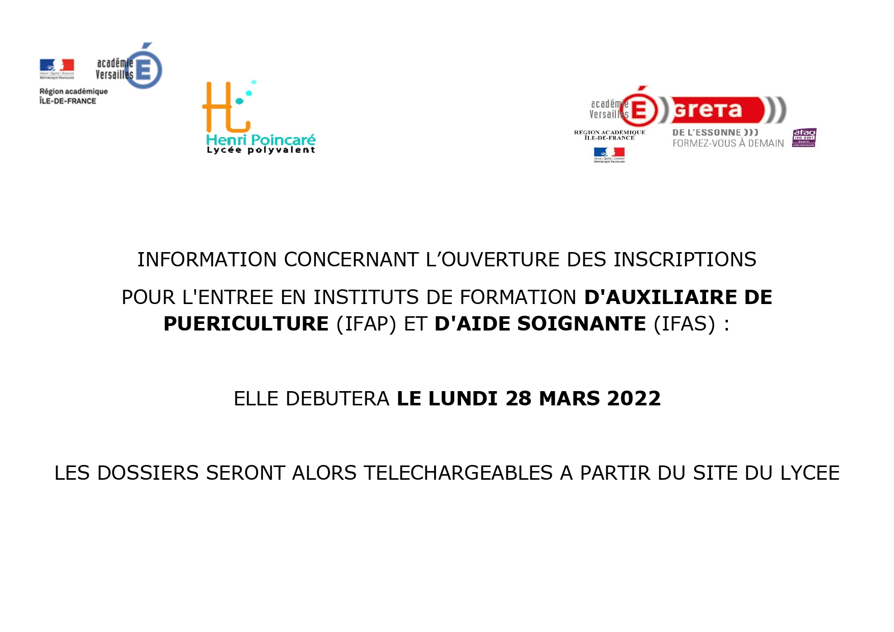 Greta Dossier D inscription Aide Soignante 2022 Ile De France Information sur l'ouverture des inscriptions pour l'entrée en IFAP et IFAS  – Lycée Polyvalent Henri Poincaré