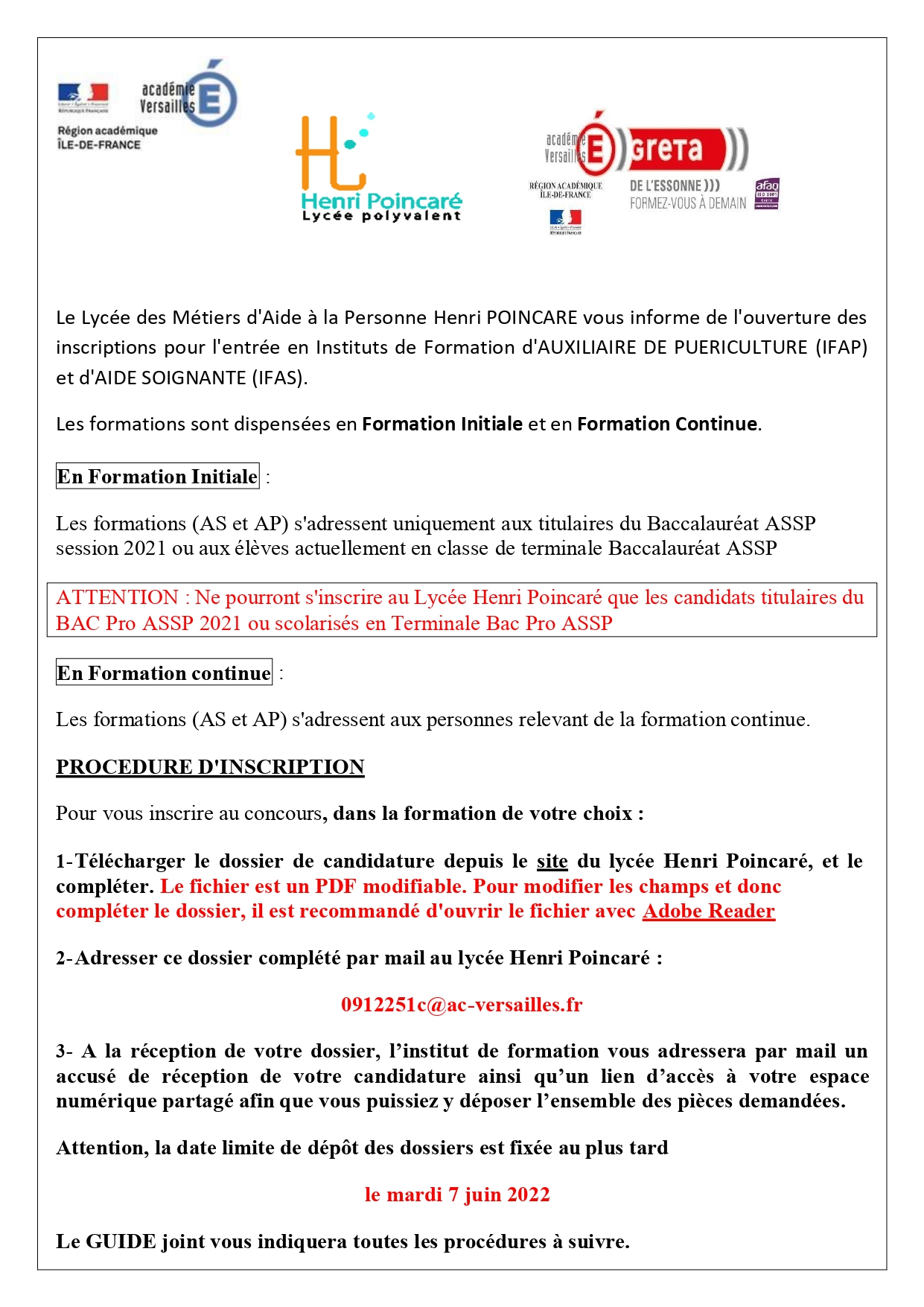 Greta Dossier D inscription Aide Soignante 2022 Ile De France Inscriptions en Instituts de formations d'auxiliaires de Puériculture  (IFAP) et aides-soignants (IFAS) – Lycée Polyvalent Henri Poincaré